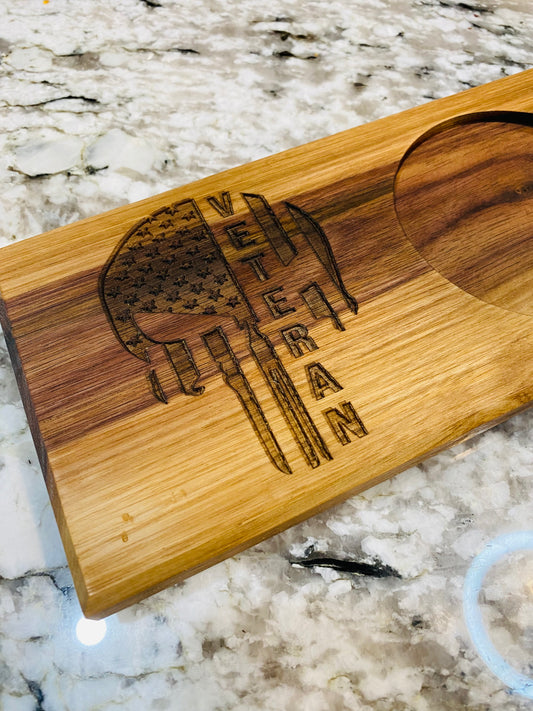 Walnut Beverage Holder with Laser-Engraved Veteran Punisher Skull