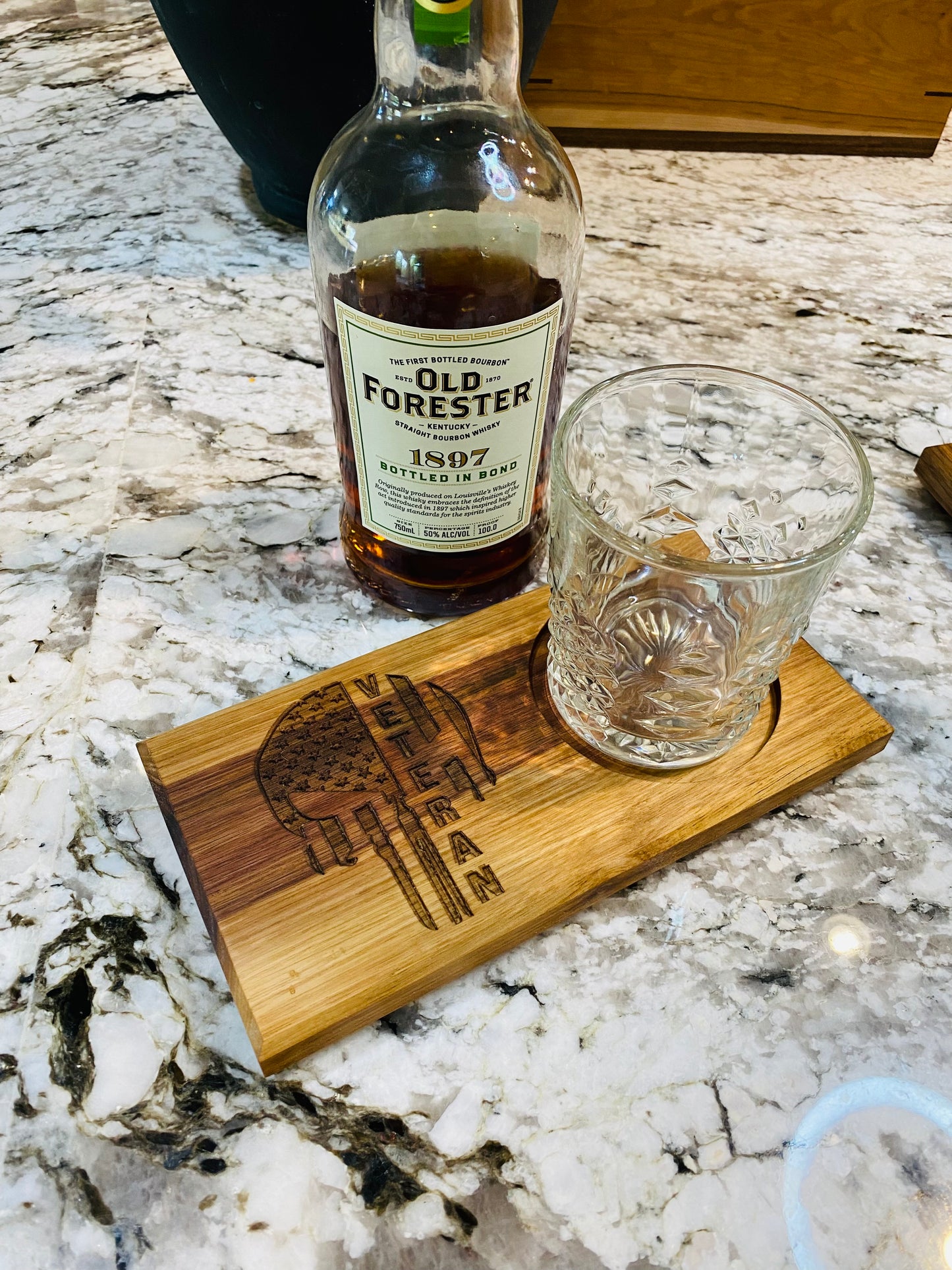 Walnut Beverage Holder with Laser-Engraved Veteran Punisher Skull