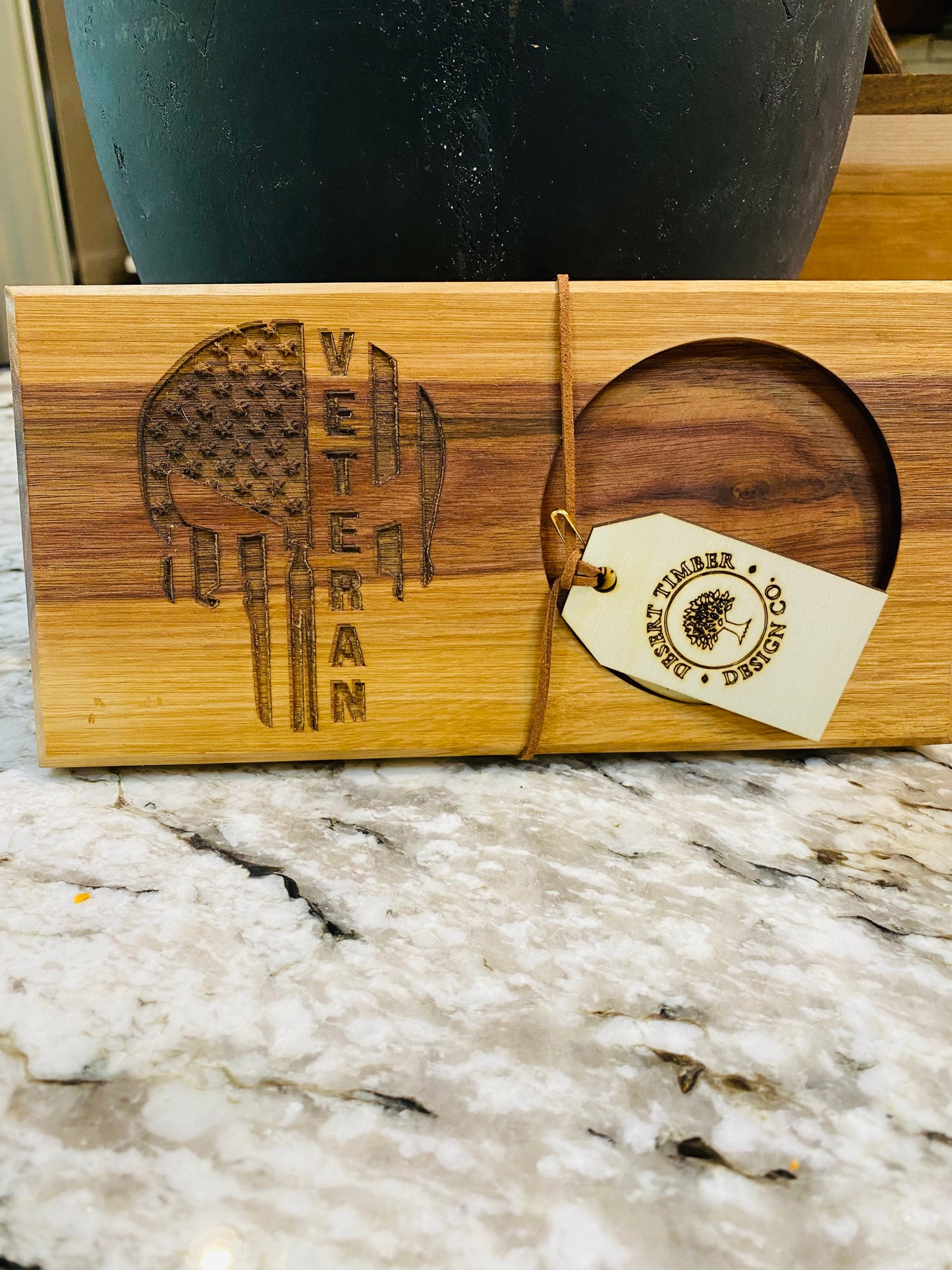 Walnut Beverage Holder with Laser-Engraved Veteran Punisher Skull