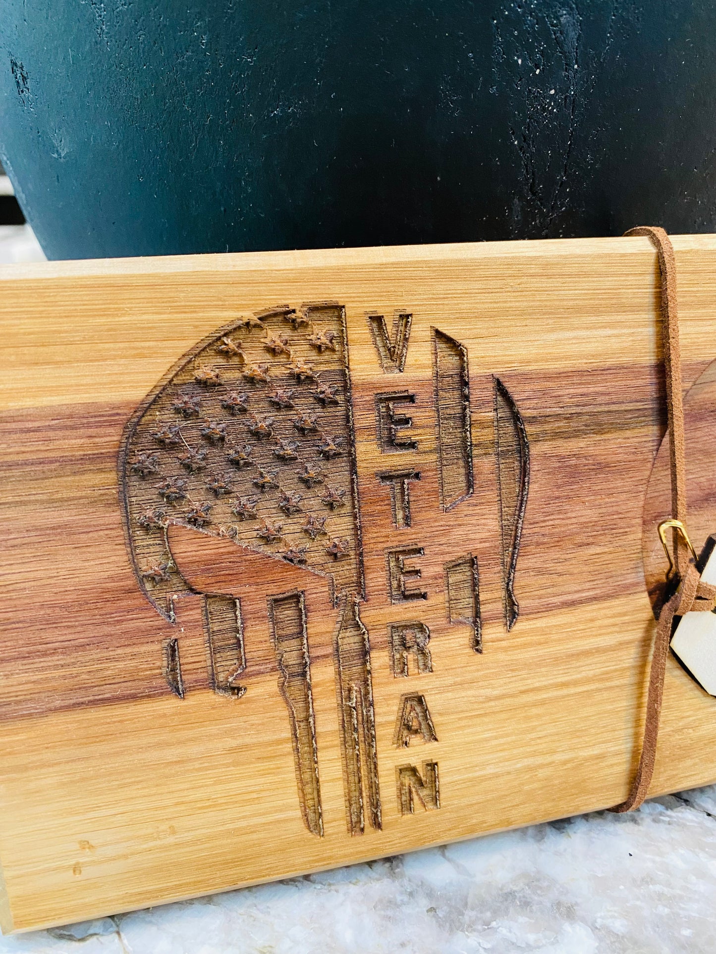 Walnut Beverage Holder with Laser-Engraved Veteran Punisher Skull