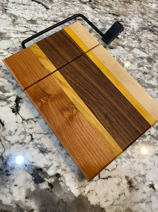 Exotic Wood Cheese Board Cutter with Cherry, Canary, Walnut, Yellow Heart and Maple