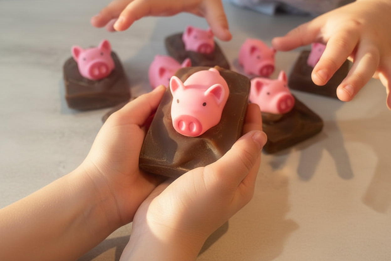 Chocolate bars with pink pig decorations on a light gray surface