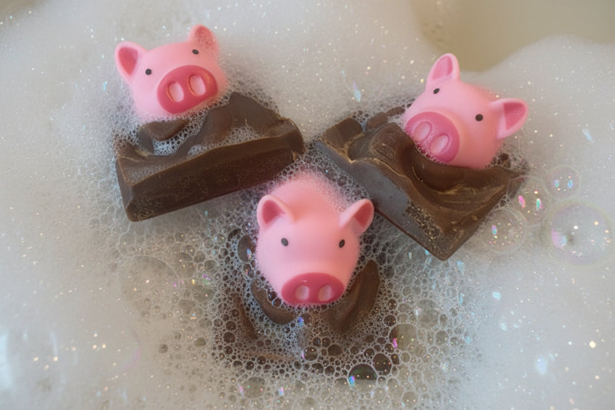 Three chocolate bars with pink pig figurines floating in a tub