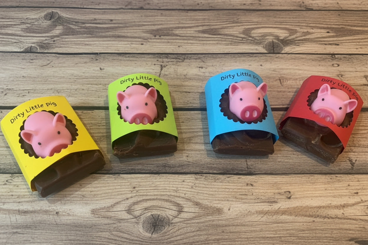 Four colorful packages with pig illustrations on a gray surface