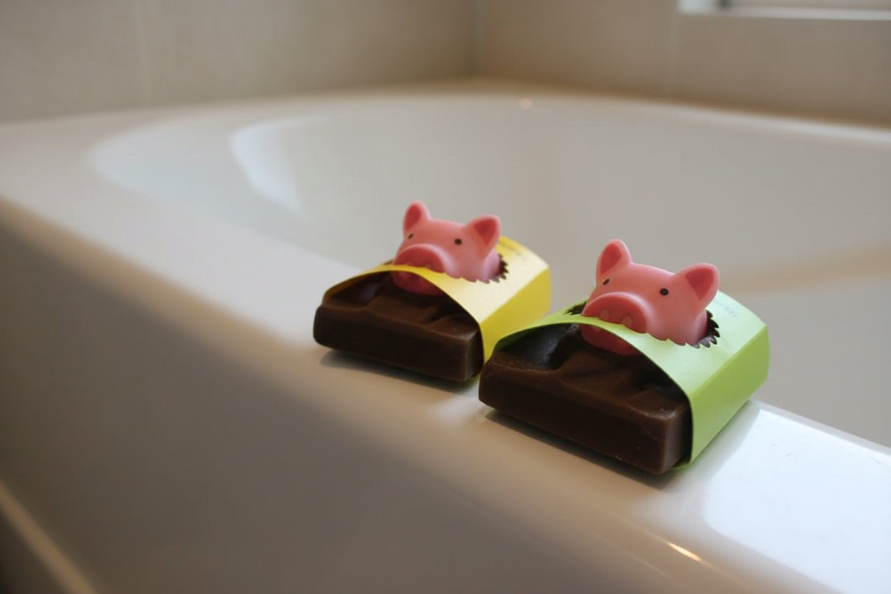 Chocolate bars with pig-shaped toppers on a neutral background