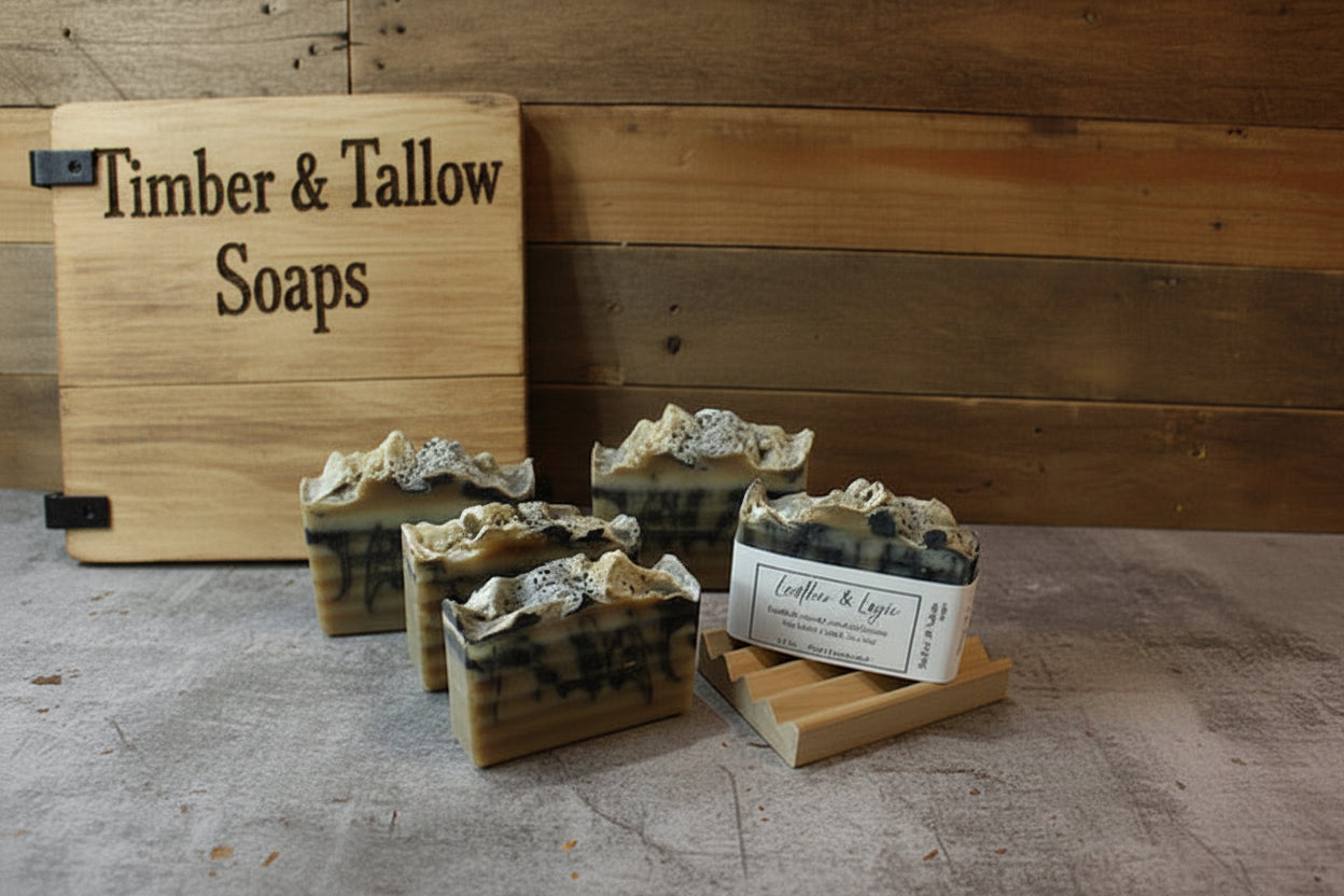Five handmade soap bars with a wooden background
