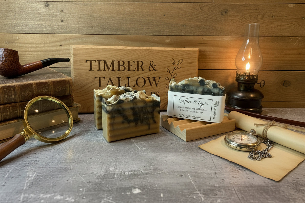 Wooden sign with 'TIMBER & TALLOW' and soap bars on a rustic surface.