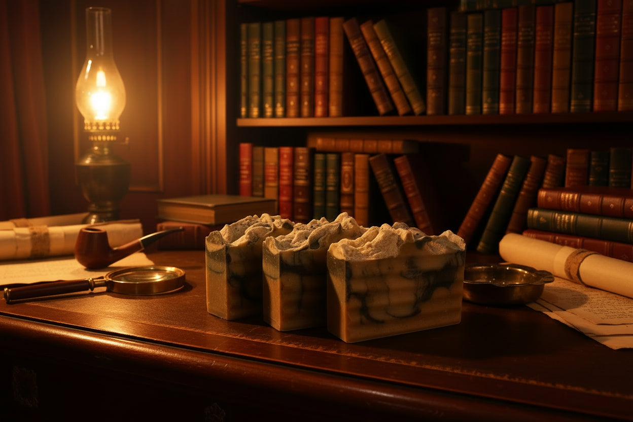 Vintage desk with quill, inkwell, and books in a dimly lit room like Sherlocks Study