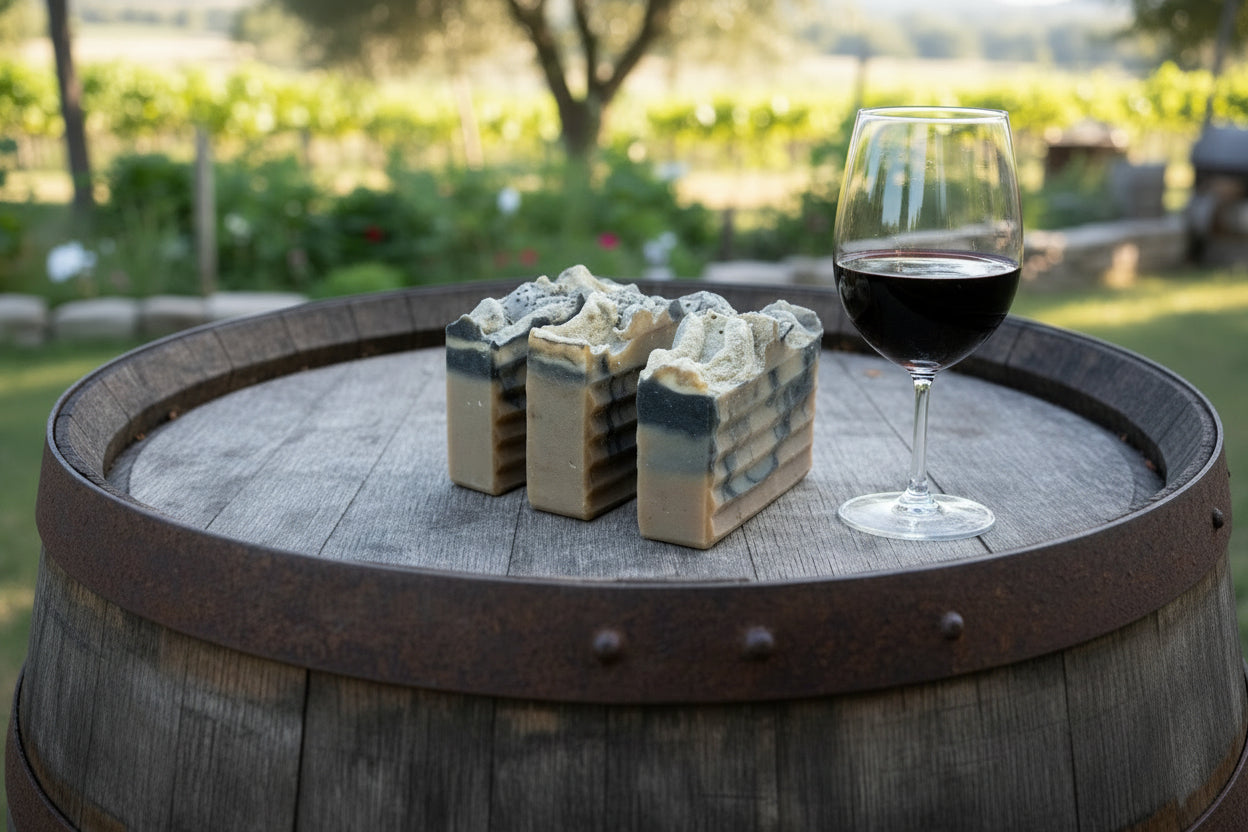 Three soap bars with natural textures on a wooden surface
