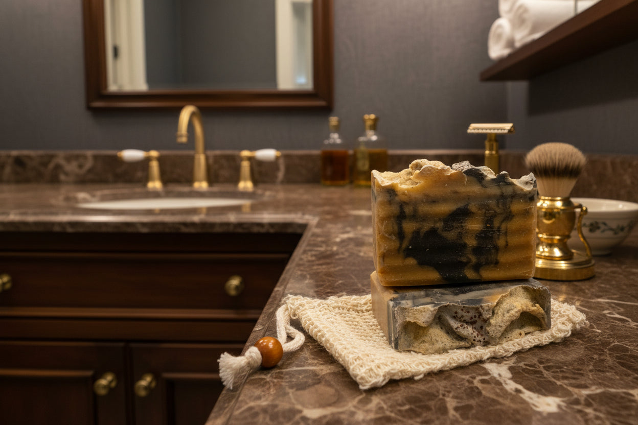 Bathroom counter with soap, brush, and bottles against a gray wall.