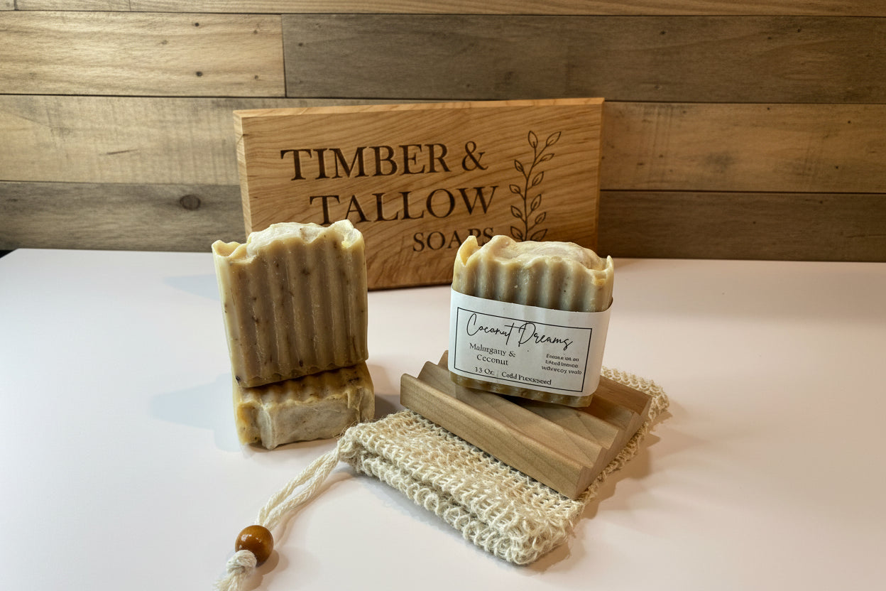 Two soaps on a wooden stand with a 'Timber & Tallow' sign in the background.