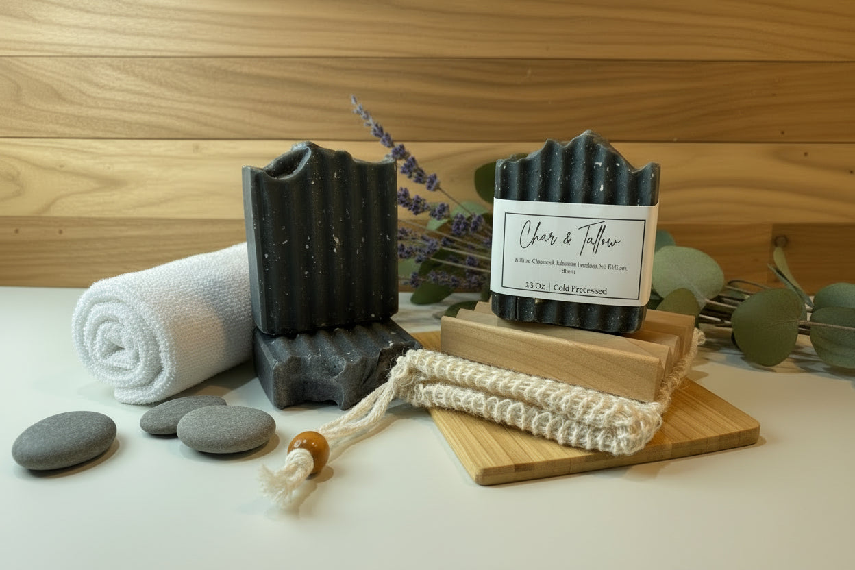 Bar of soap with a label, towel, stones, and rope on a wooden surface