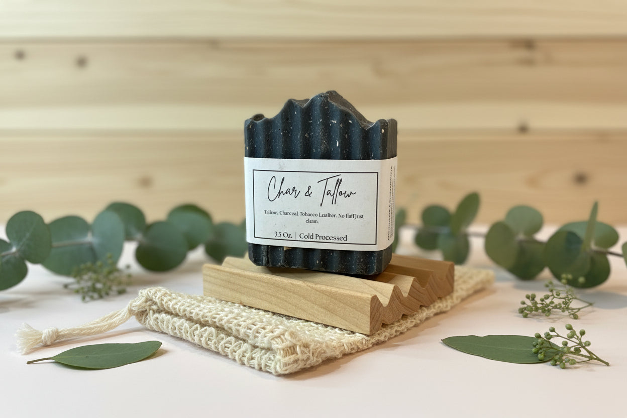 Black soap bar on a wooden block with a label, surrounded by eucalyptus leaves on a wooden background