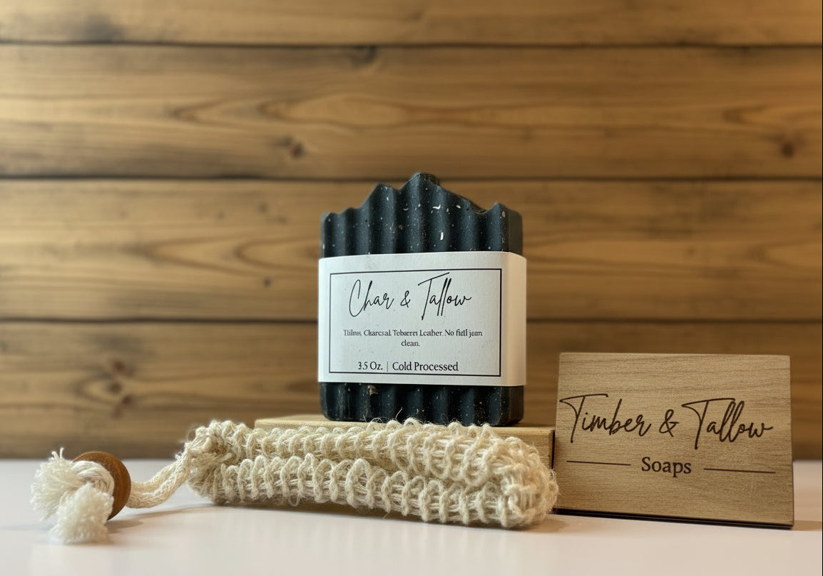 Bar of soap with a rope and wooden block on a wooden surface, featuring 'Timber & Tallow' branding.