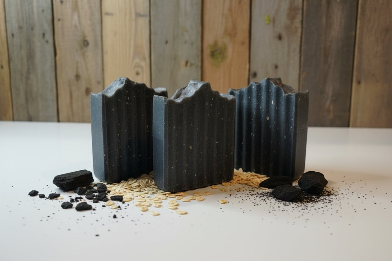 Three black soap bars with natural ingredients on a white surface with a wooden background