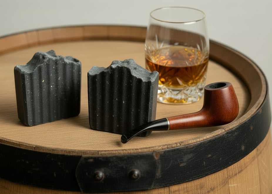 Two black stone smoking accessories on a wooden tray with a glass of whiskey and a pipe.