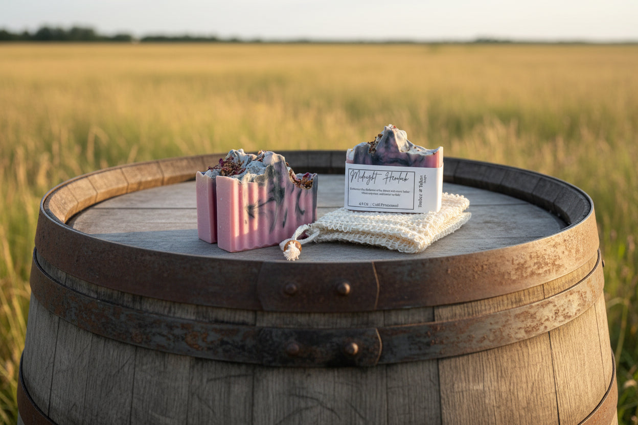 3 soaps on a wine barrel with a field background
