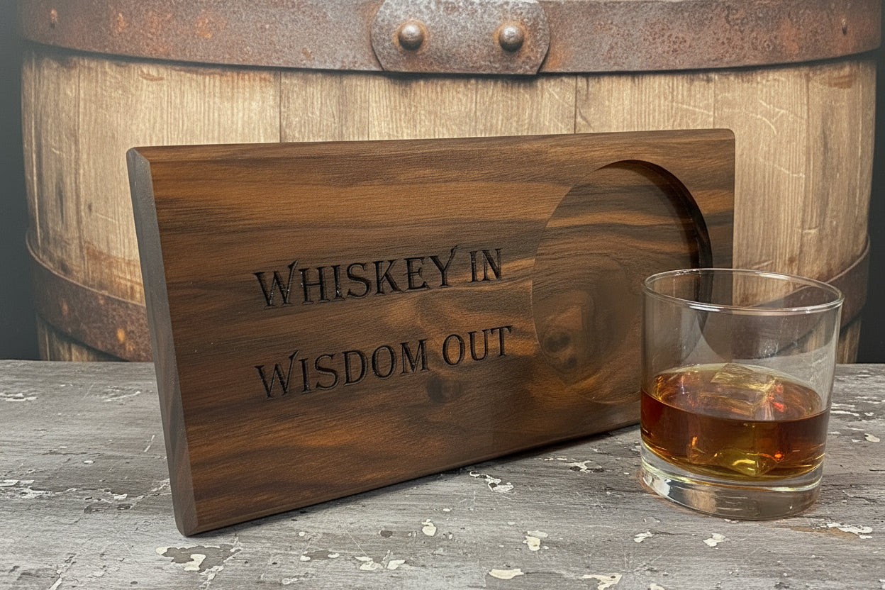 Wooden tray with circular depression and 'Whiskey In Wisdom Out' text on a neutral background
