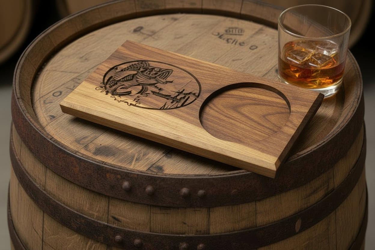 Wooden tray with fish design on a wine barrel and a glass of bourbon. 