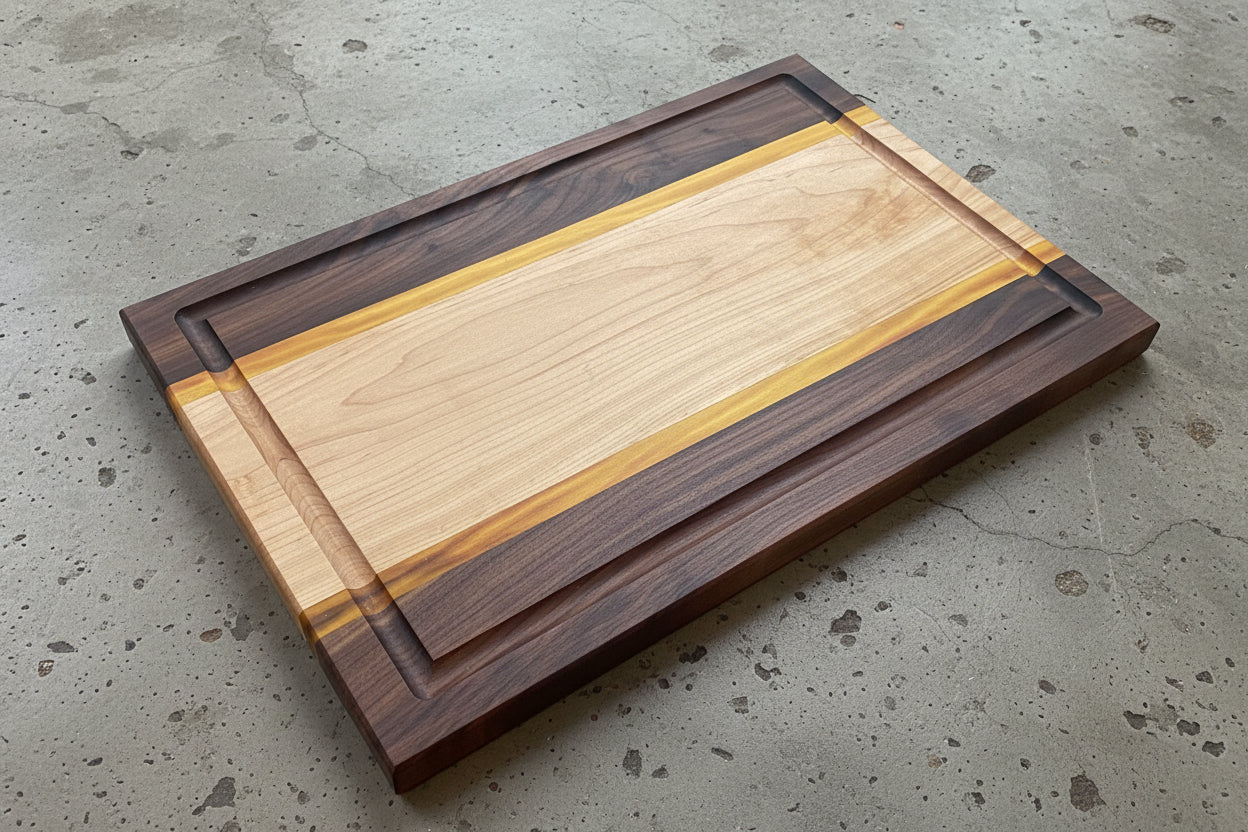 Walnut, Maple &amp; Yellow Heart Cutting Board — 1.25" Thick (Coming Soon)Inquire