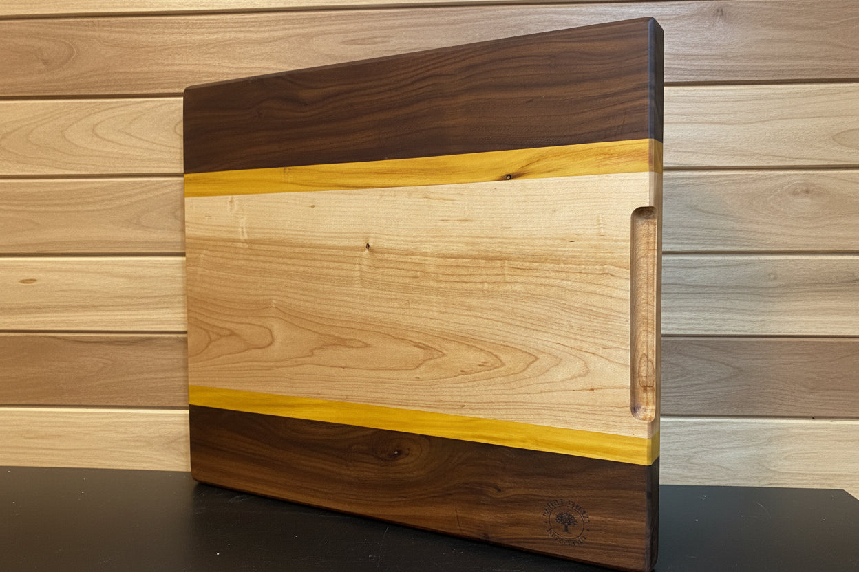 Walnut, Maple &amp; Yellow Heart Cutting Board — 1.25" Thick (Coming Soon)Inquire