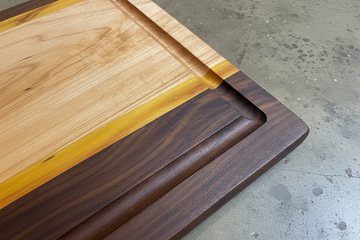 Walnut, Maple &amp; Yellow Heart Cutting Board — 1.25" Thick (Coming Soon)Inquire