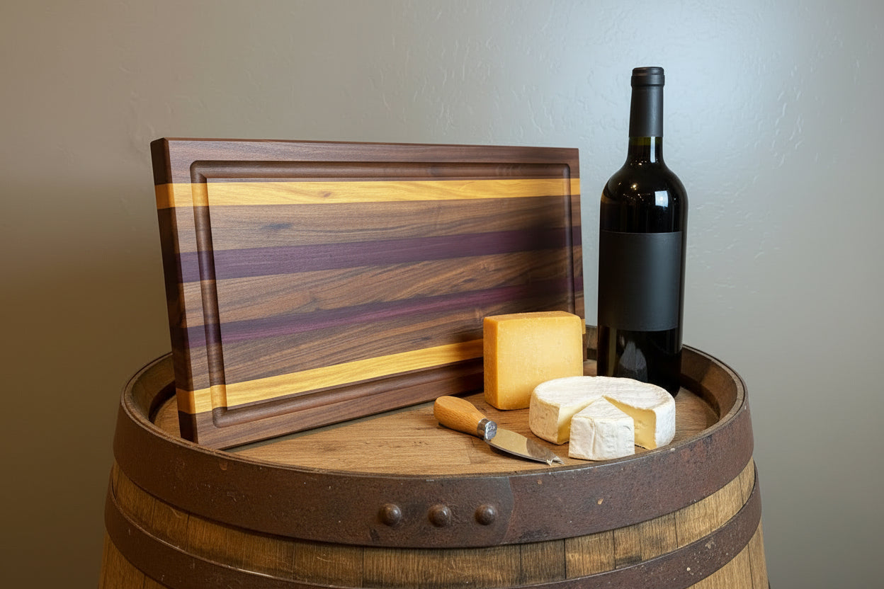 Wooden cutting board with wine, cheese, and a knife on a barrel against a neutral background