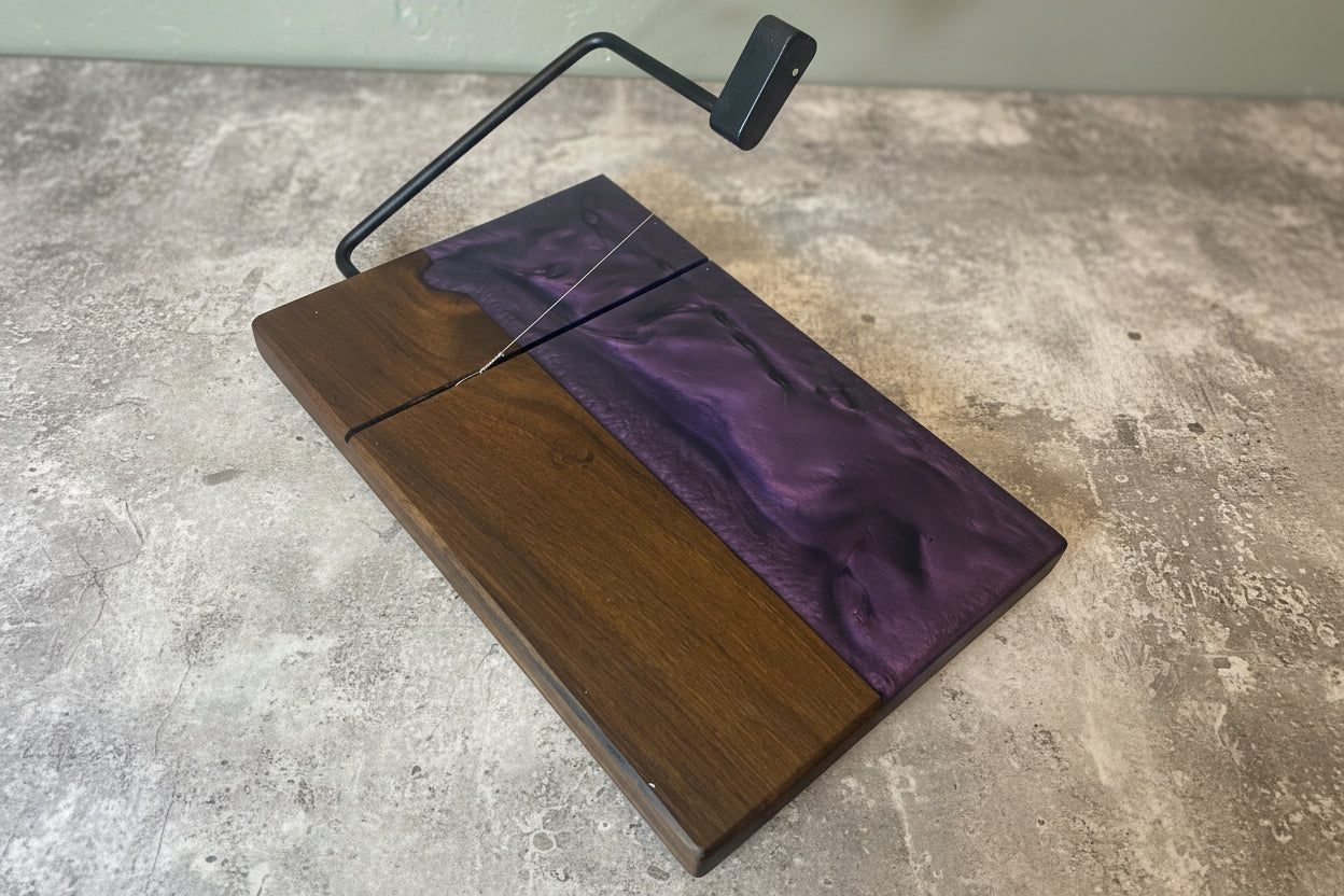 Exotic Wood Cheese Board Cutter with Walnut and the choice of Purple or Blue Resin