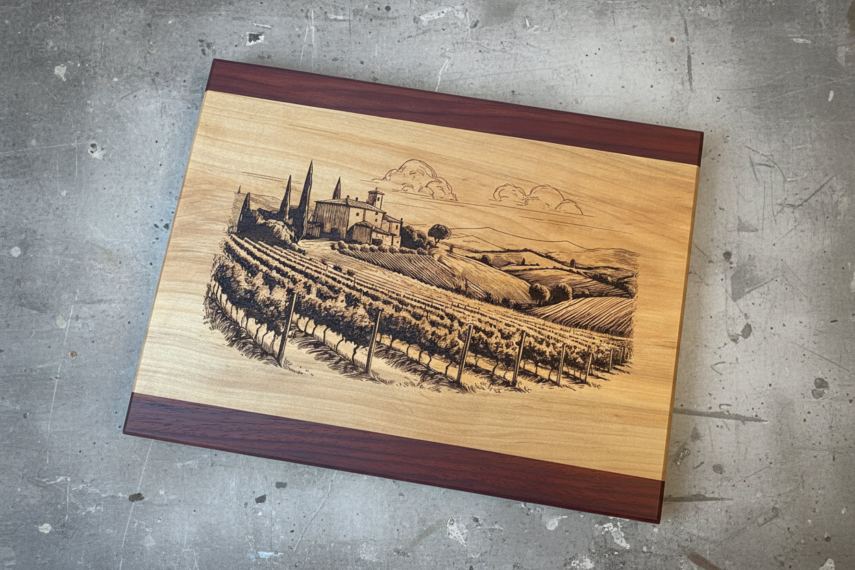 Wooden cutting board with engraved vineyard scene
