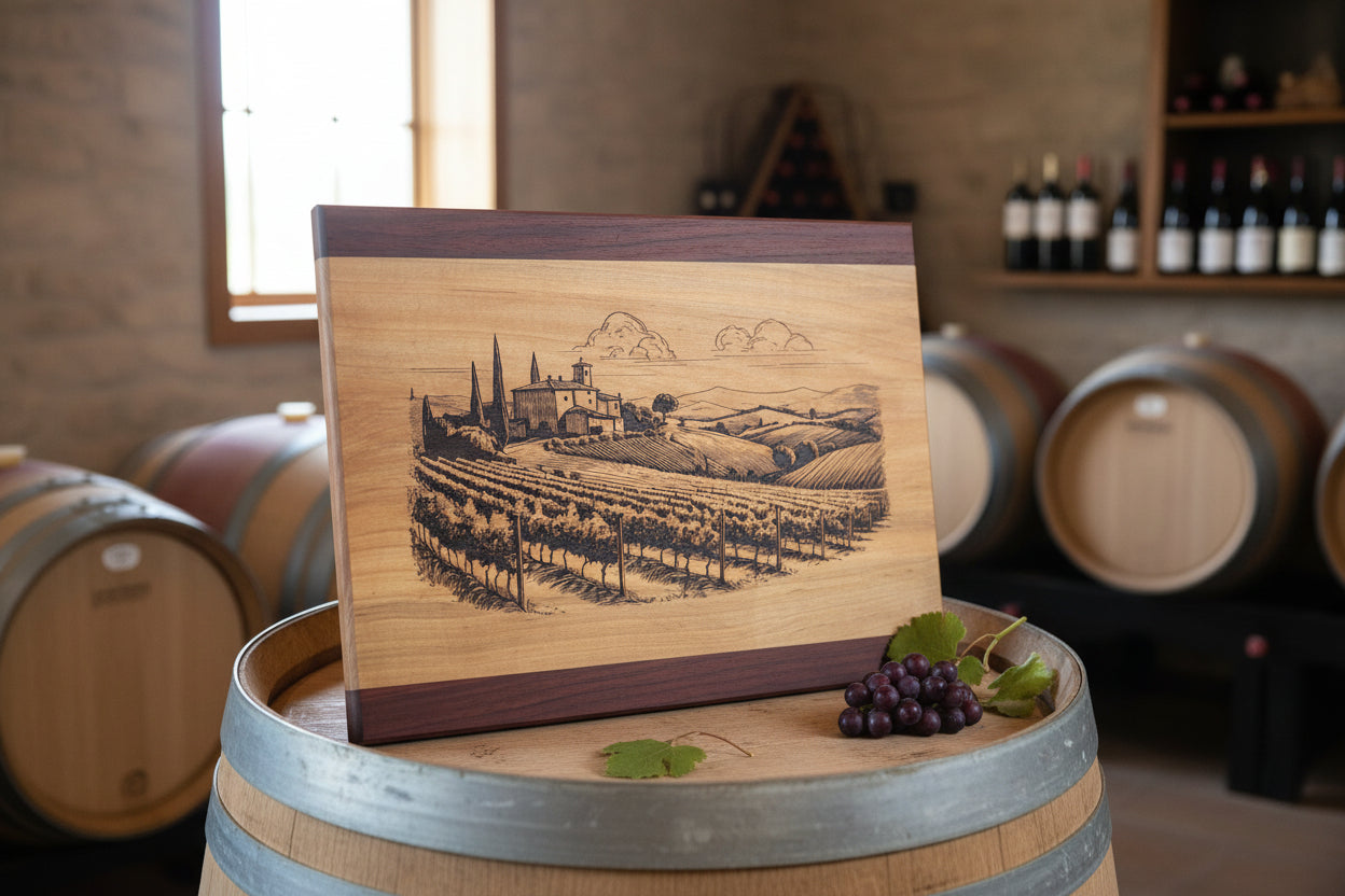 Wooden cutting board with engraved vineyard scene