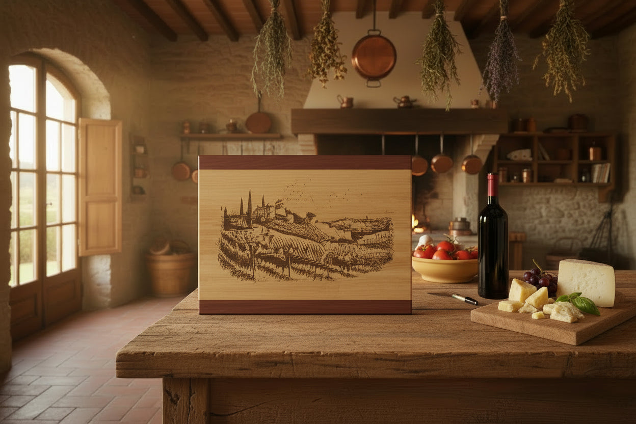 Wooden cutting board with a vineyard design on a rustic kitchen counter.