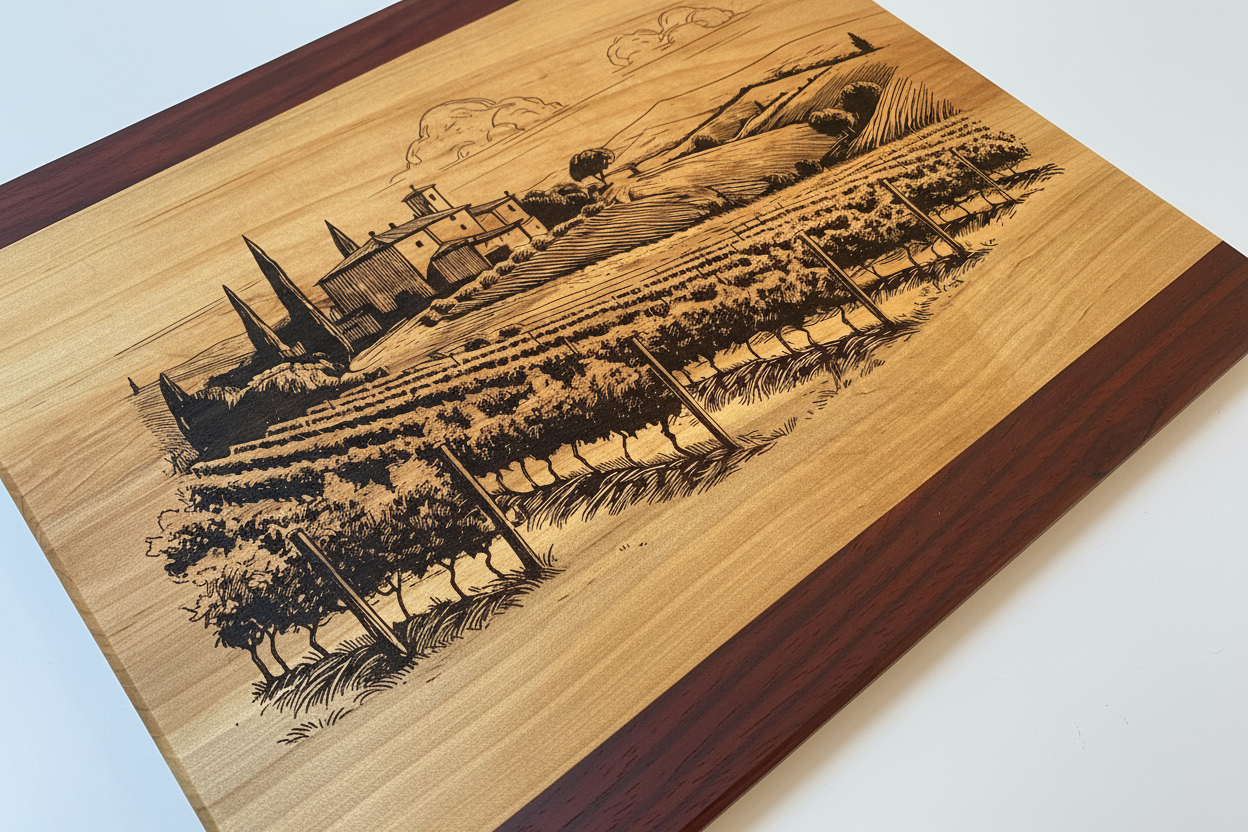 Wooden cutting board with engraved Vineyard design on a white background