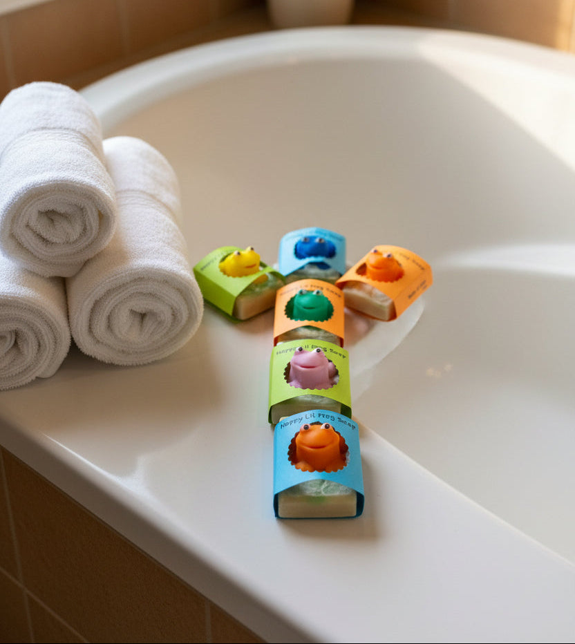 Colorful bath toys with animal designs on a bathtub rim next to rolled-up towels.