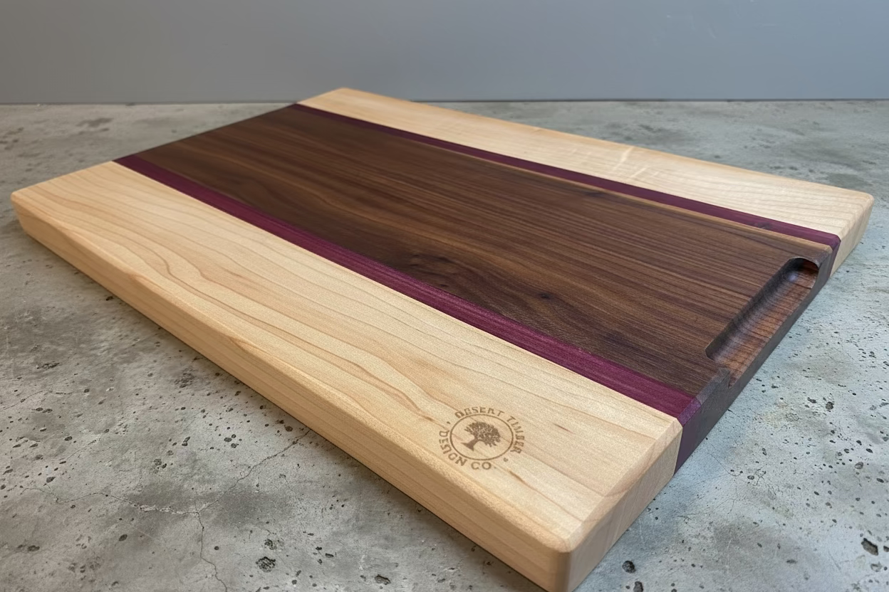 Backside of a Maple, purple heart and walnut cutting board