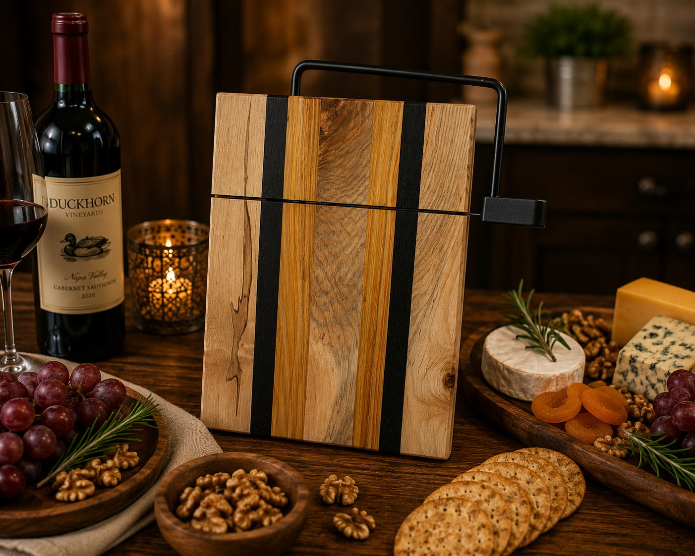 Wooden cutting board with black straps on a table with wine, grapes, and cheese.