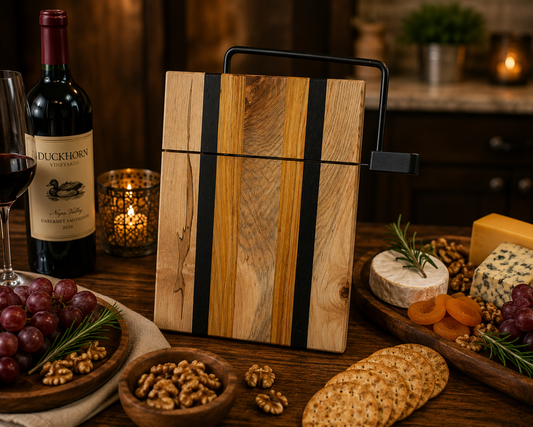 Wooden cutting board with black straps on a table with wine, grapes, and cheese.