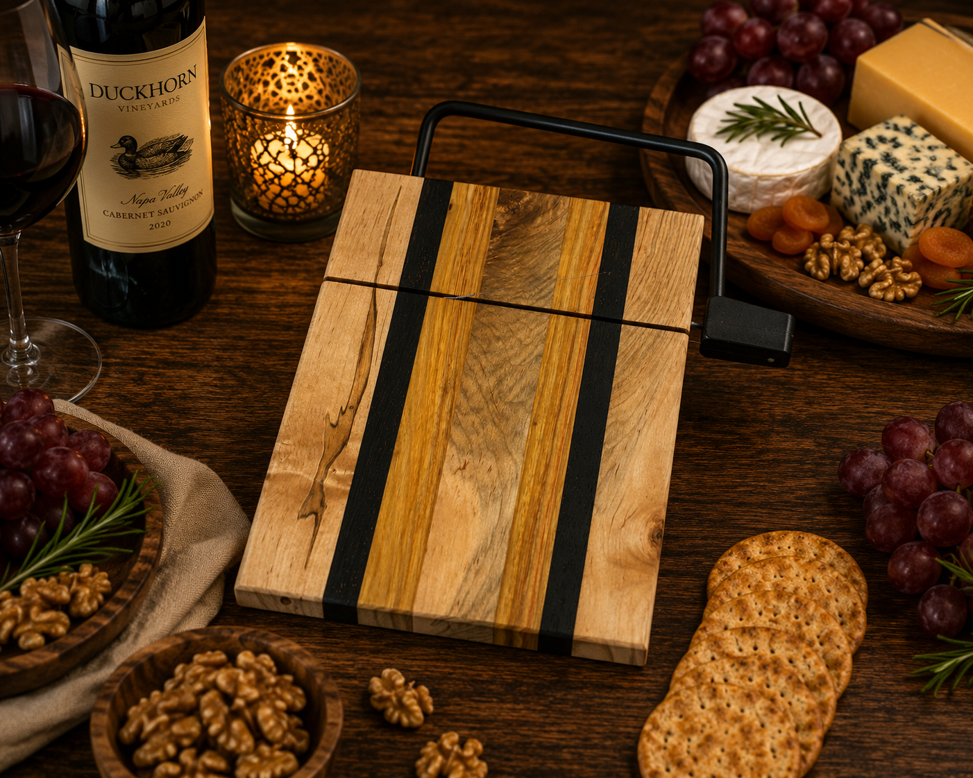 Wooden cutting board with black inlay on a table with wine, cheese, and snacks.