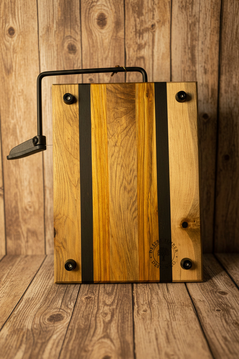 Wooden cutting board with black strips on a wooden background