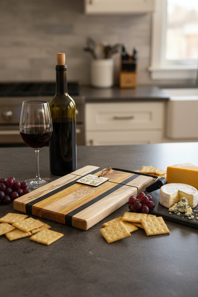 Wooden cutting board with cheese, crackers, and wine in a kitchen setting