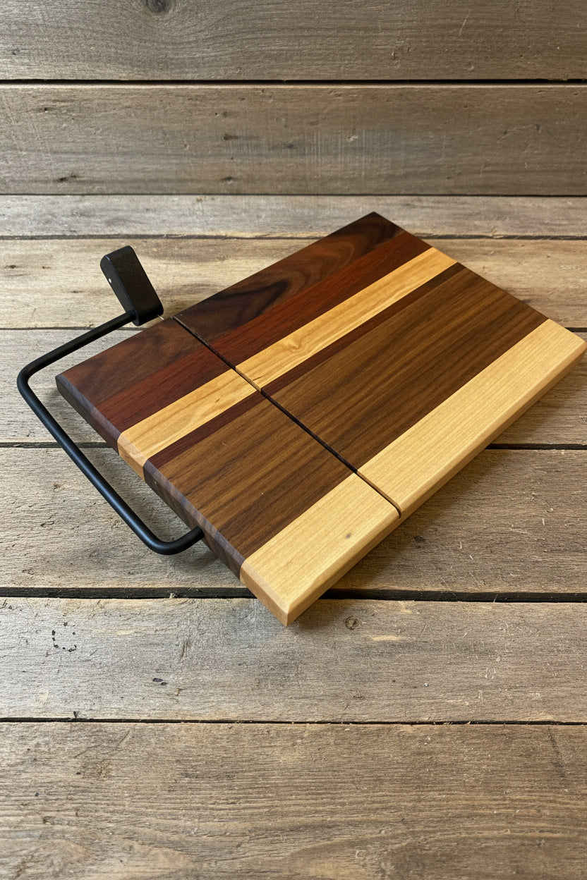 Striped wood cheese cutter board on a wood slat background