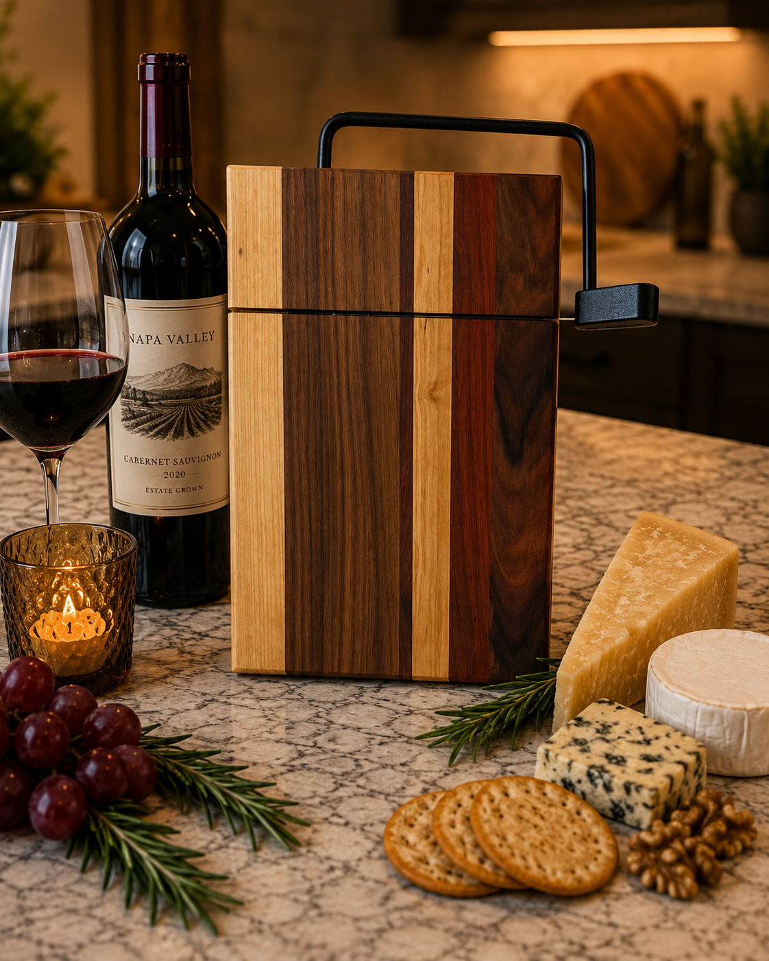 Wooden wine cooler with Napa Valley Cabernet Sauvignon bottle, glass of red wine, cheese, crackers, and grapes on a marble surface.
