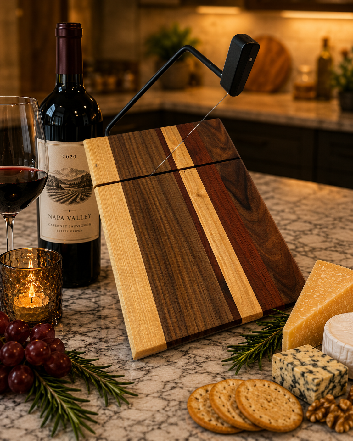Wooden cutting board with a wine bottle, glass, and cheese platter on a marble countertop.
