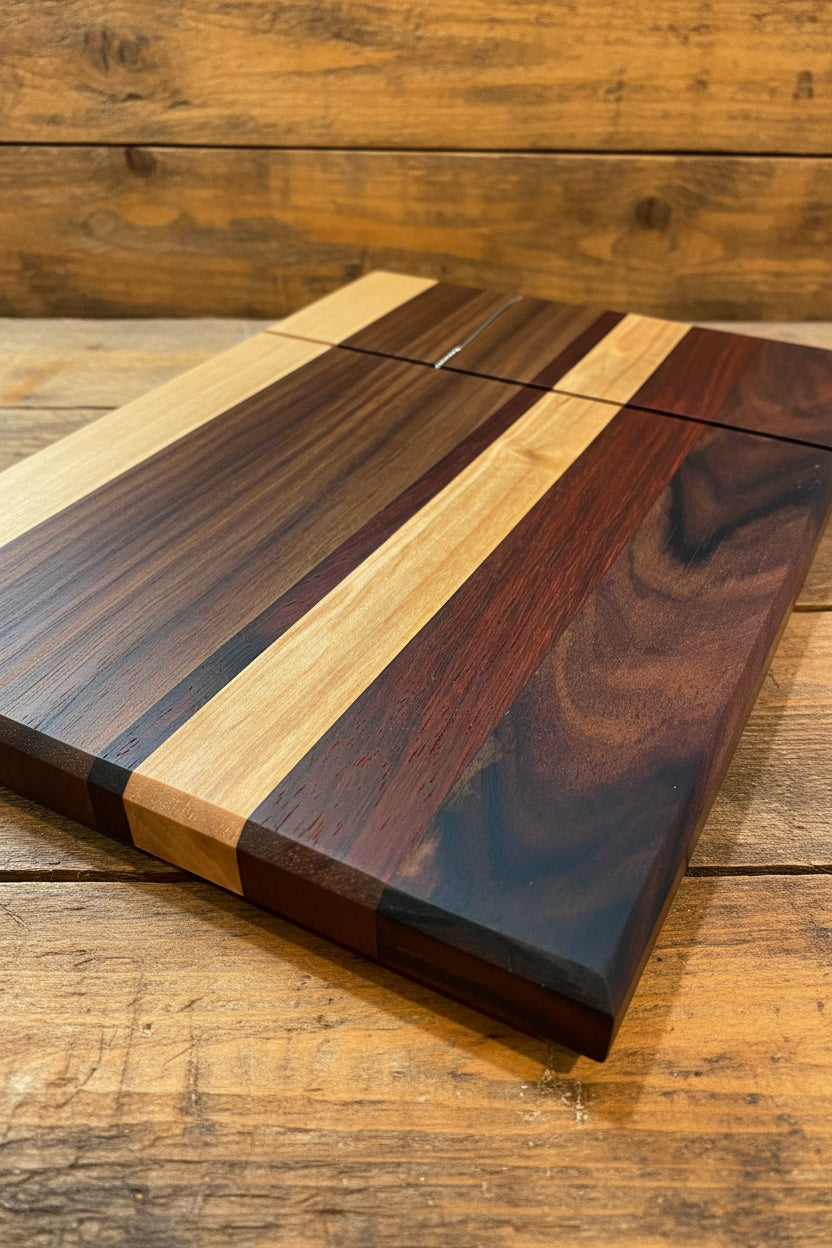 Wooden cutting board with a striped pattern on a wooden surface