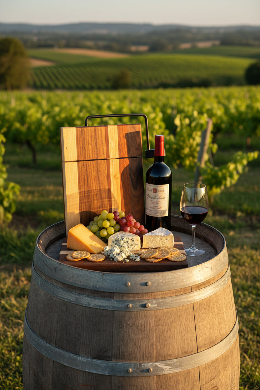 Cheese board on a wine barrel