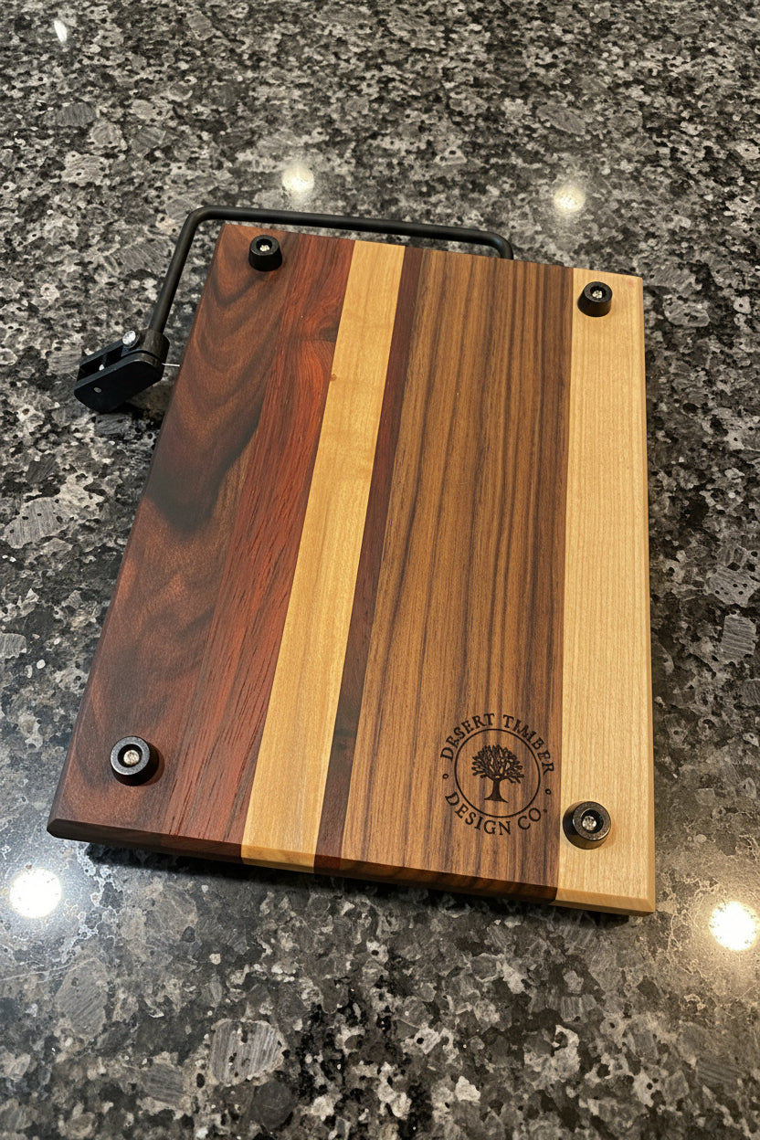 Wooden cutting board with a striped pattern on a granite countertop
