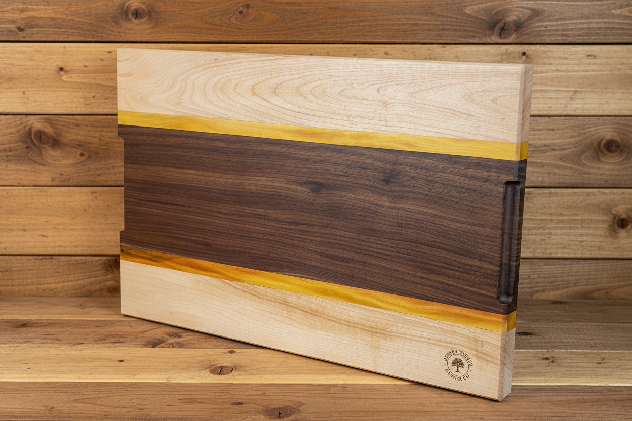 Backside of Maple, Walnut and Yellow heart cutting board.