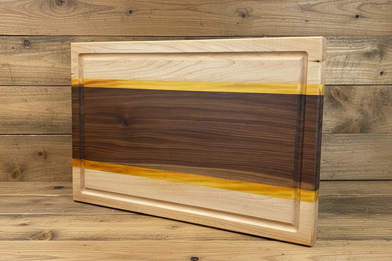 Front Side of Maple, Walnut and Yellow heart Cutting board