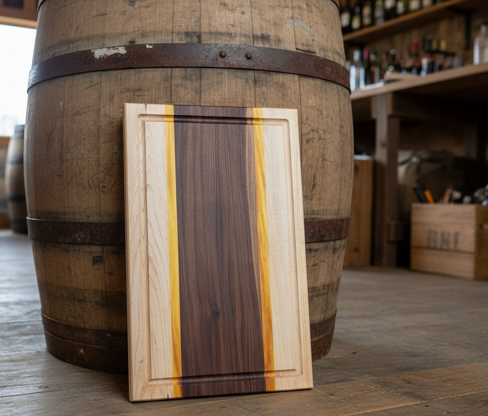 Wooden cutting board with a striped pattern in front of a wooden barrel in a warehouse setting.