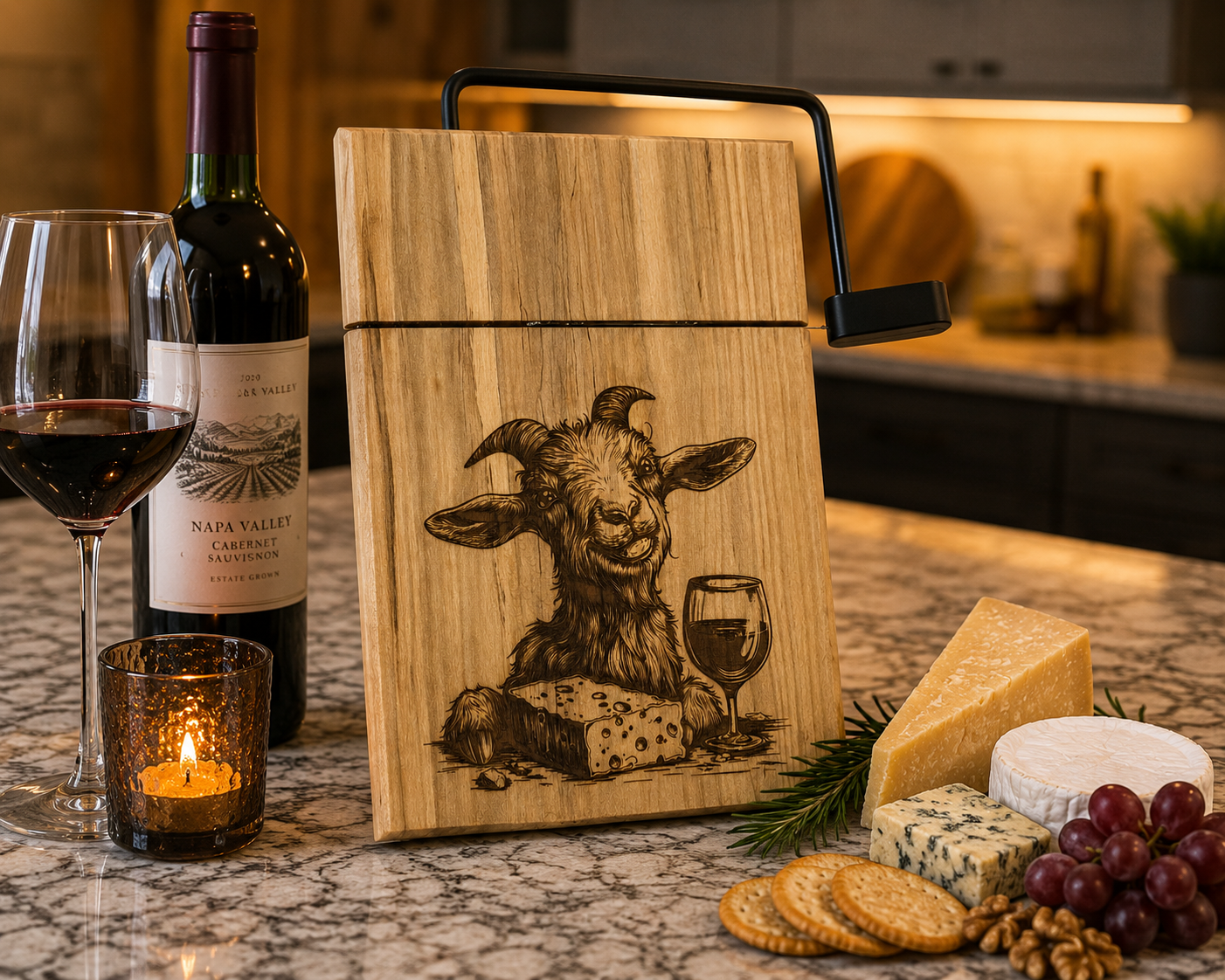 Wooden cutting board with goat illustration, wine bottle, glass, and cheese platter on a kitchen counter.