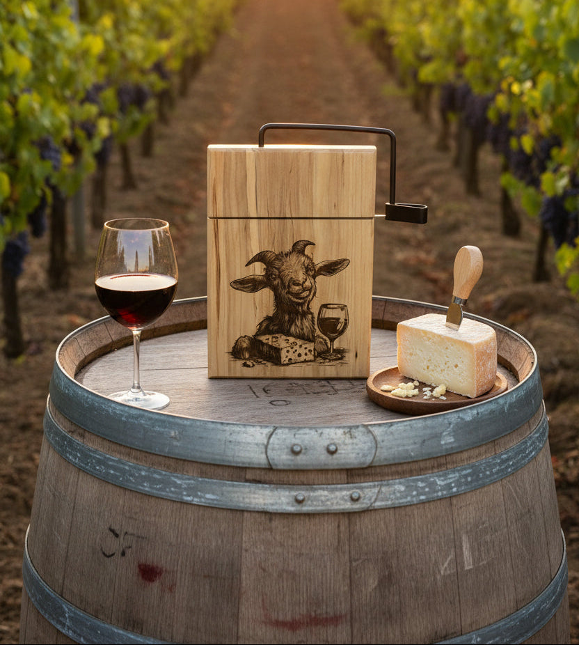 Wine glass, wooden box with cow illustration, and cheese on a barrel in a vineyard setting